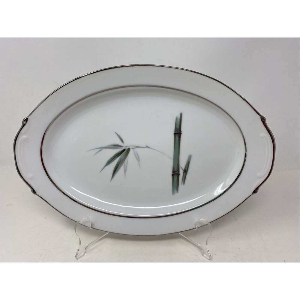 Yamaka Mandarin Oval Serving Platter Bamboo Silver Rim 12" X 8” Serving Tray
